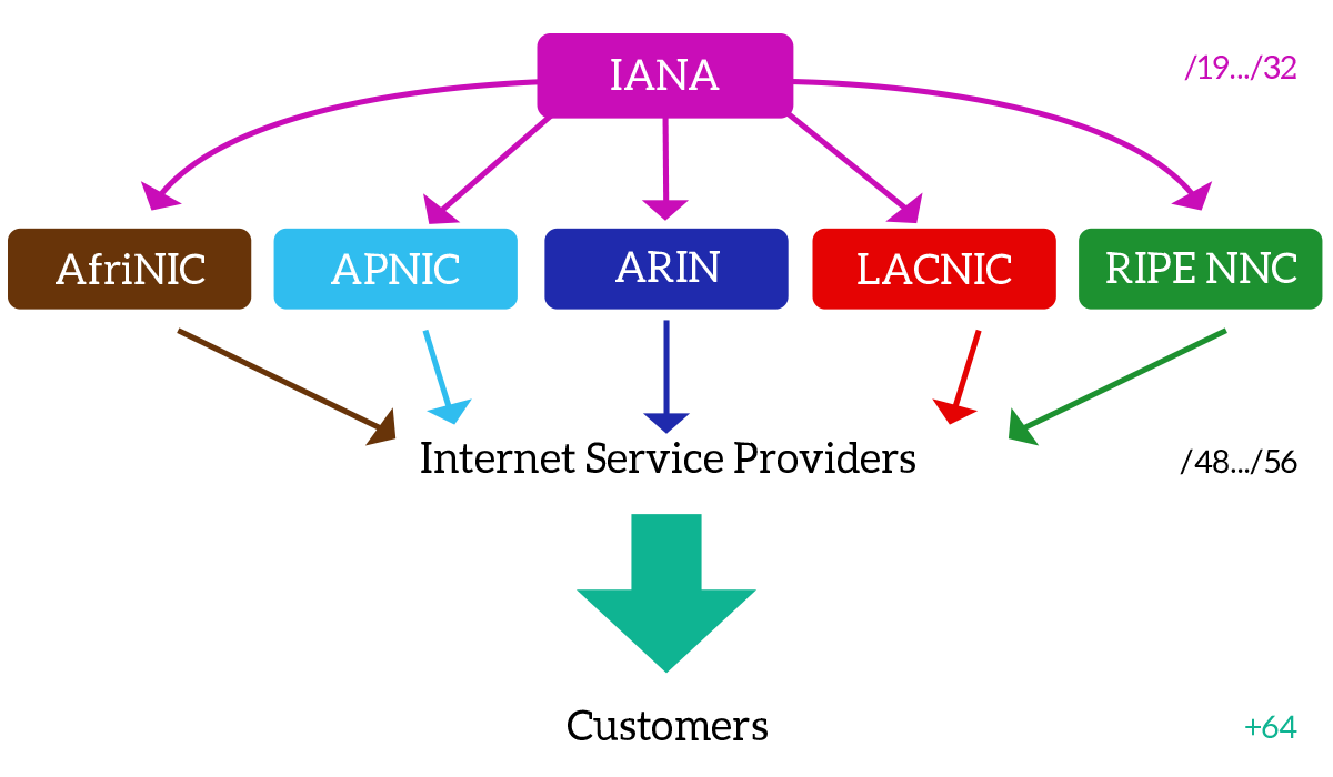 IPv6 global addressing assignment, from IANA to customers