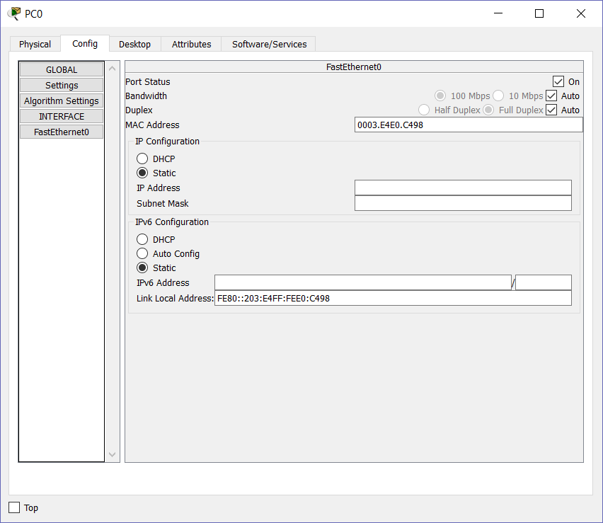 Cisco Packet Tracer: configure IP address on a computer