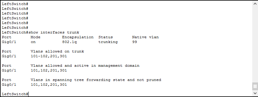 Cisco IOS command show interfaces trunk example in Packet Tracer