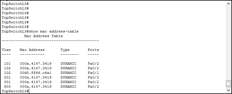 As a next step in our switch troubleshooting, we issue show mac address-table