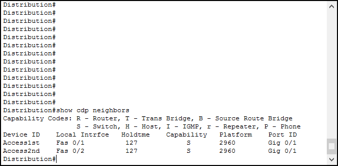 CDP and LLDP lab in Packet Tracer, show cdp neighbors command