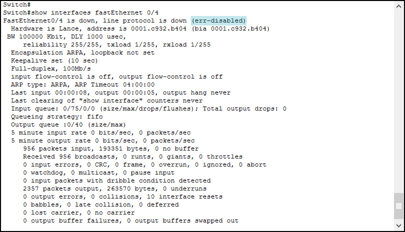 Port Security violation shutdown set the interface in the err-disabled state