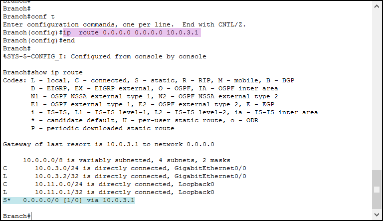 Use ip route command to create a default route, static routes in Cisco IOS