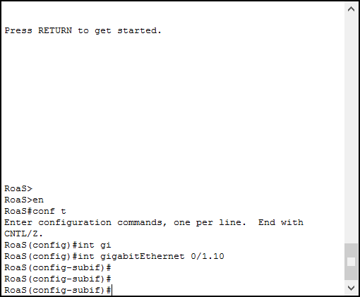 Inter-VLAN Routing with Roas requires you to create subinterfaces, this is the prompt