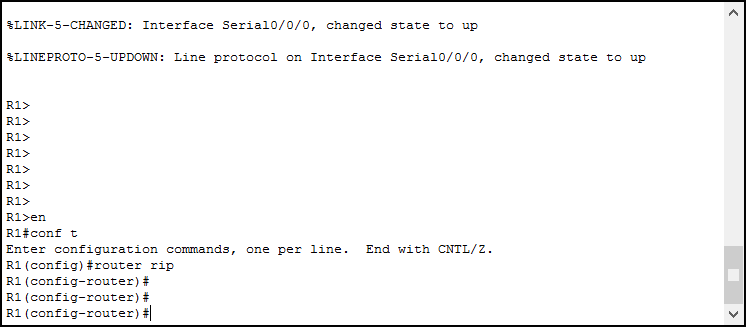 Use the router command to enter the right prompt and configure RIP (Cisco Packet Tracer screenshot)