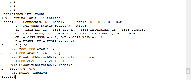 Use show ipv6 route Cisco IOS command to check the IPv6 routing table