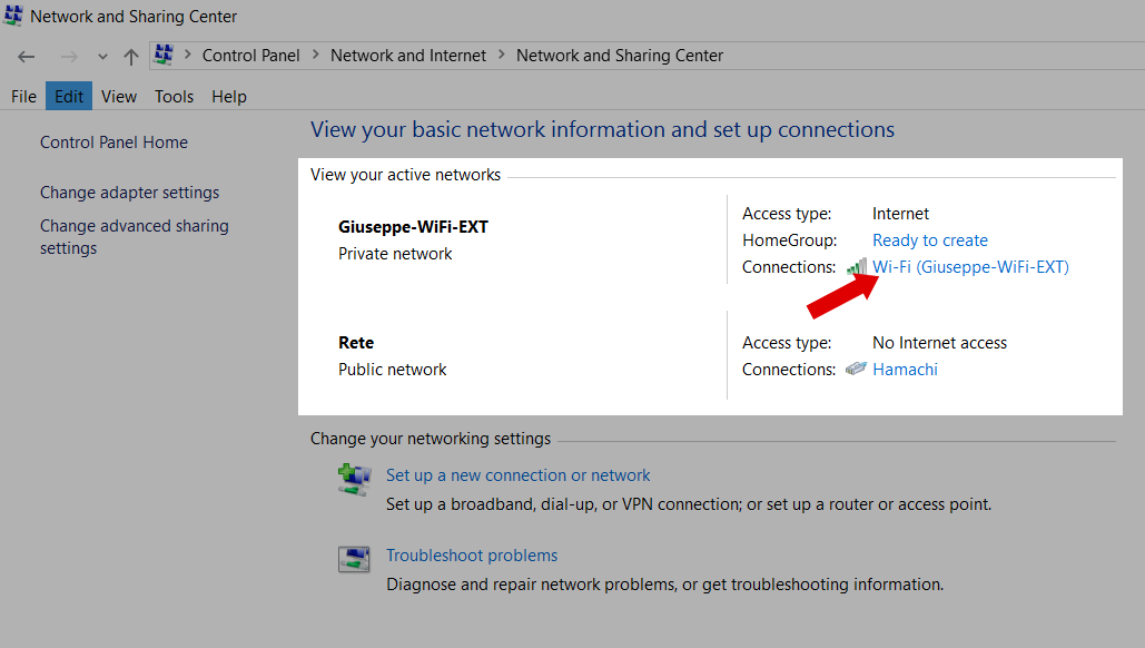 From Control Panel, Select the network for Client Troubleshooting (e.g. changing the IP)