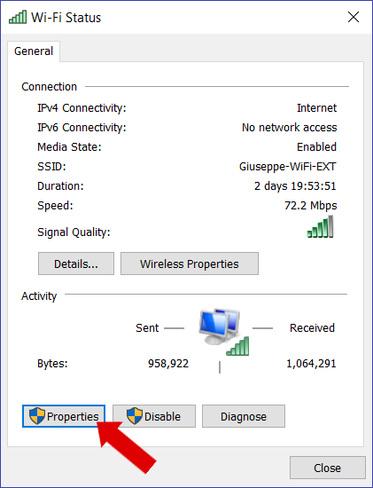 Select Properties to modify network settings on Windows