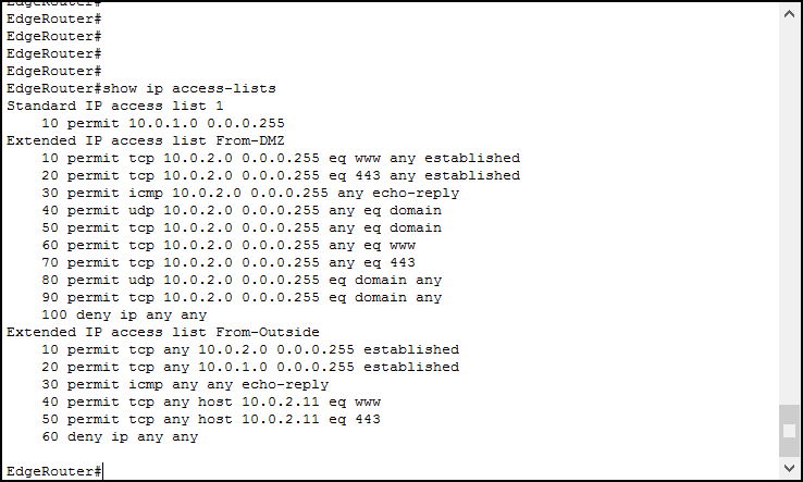 Use show IP Access Lists on Cisco IOS to verify your ACL, also available in Packet Tracer lab