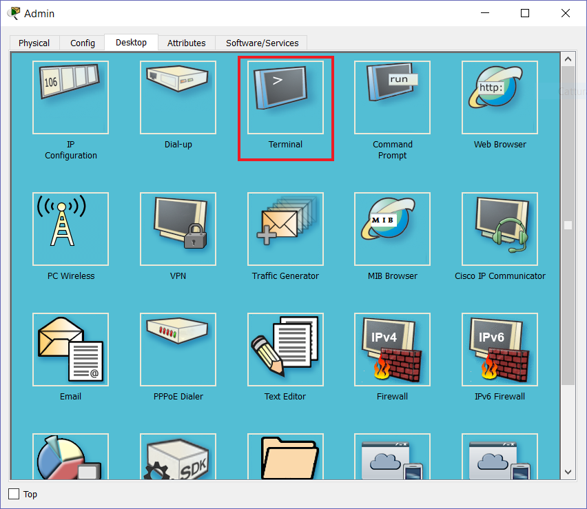 Select Terminal in Cisco Packet Tracer to use the console cable, later we will use SSH