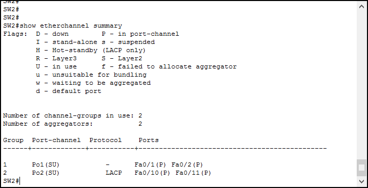 Use show etherchannel summary to verify the status of the PortChannels on your switch