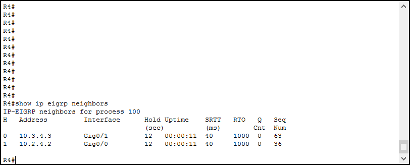 Use show ip eigrp neighbors to verify the adjacencies of your EIGRP router on Cisco devices