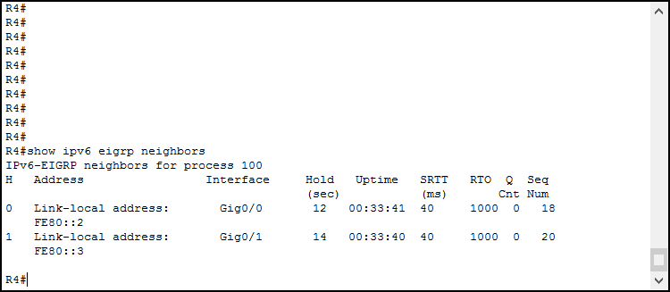 Use show ipv6 eigrp neighbors to check the neighbor table of EIGRP for IPv6 on a Cisco router