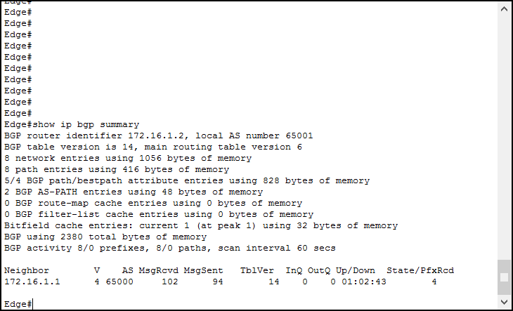 Use show ip bgp summary to check overall status and neighbors