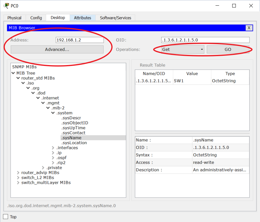 Use a SNMP GET to read the content of a MIB, even on packet tracer, if you know the OID