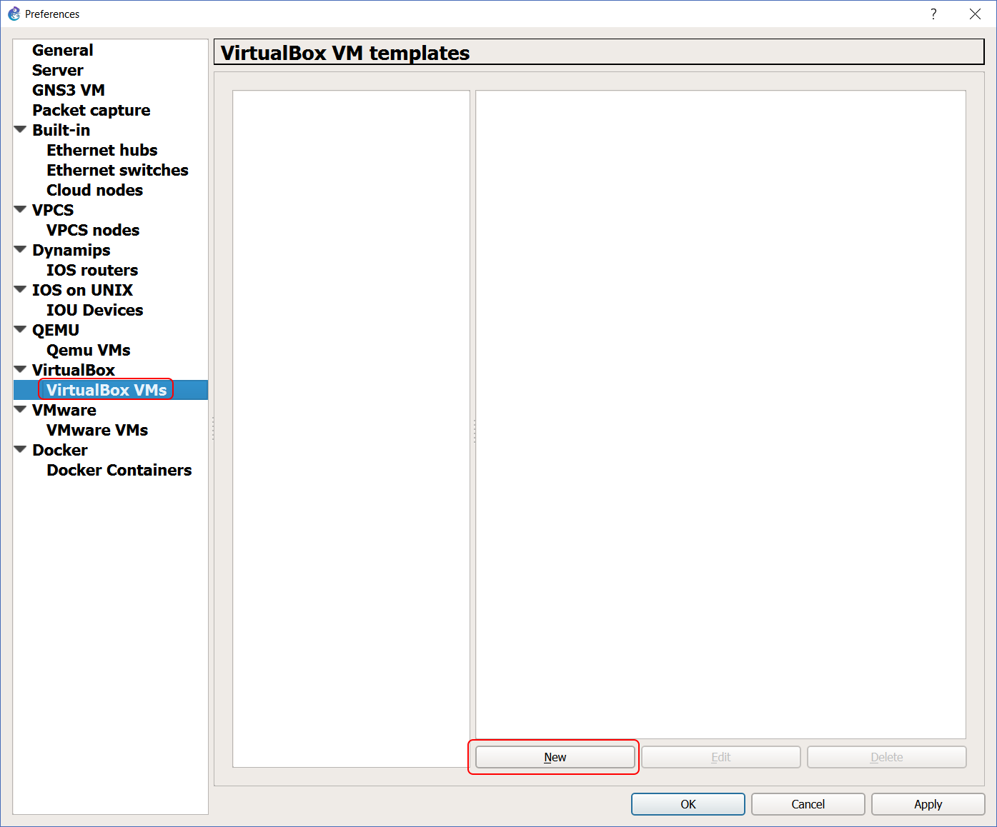 Add VMs in GNS3 by editing preferences