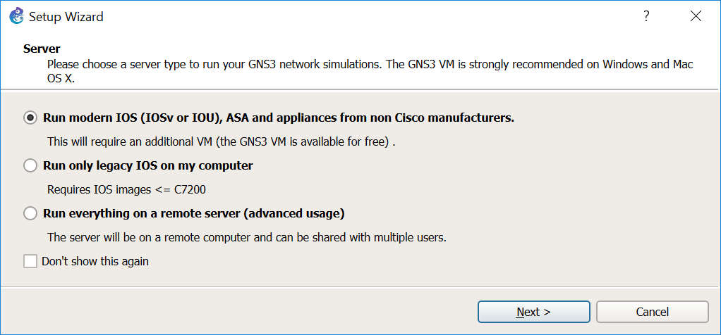 GNS3 Wizard to install the local server and the GNS3 VM
