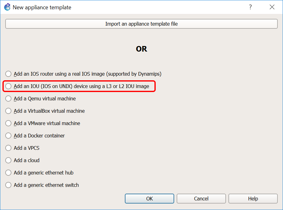 Select IOU to install IOS on Unix in your GNS3 VM.