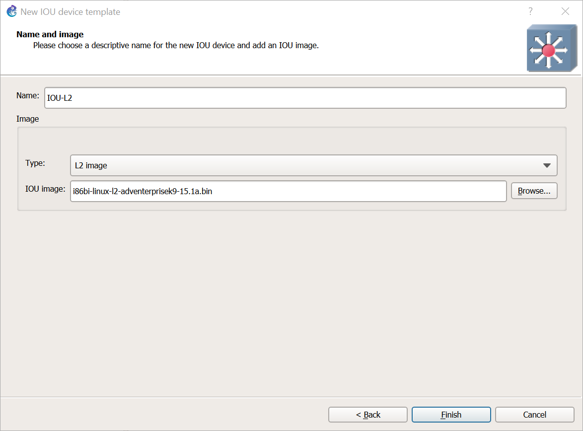 Example configuration of GNS3 IOU image settings