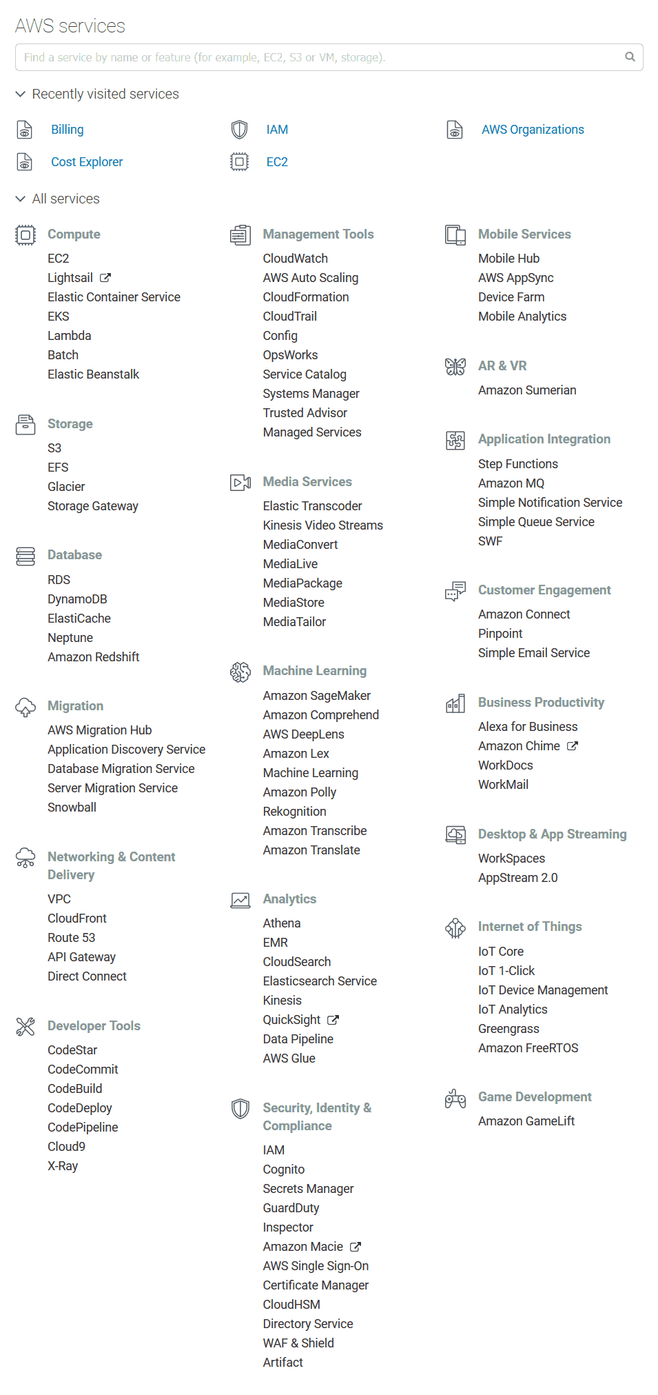 How to use AWS: on the dashboard, you can see all the AWS services you can use