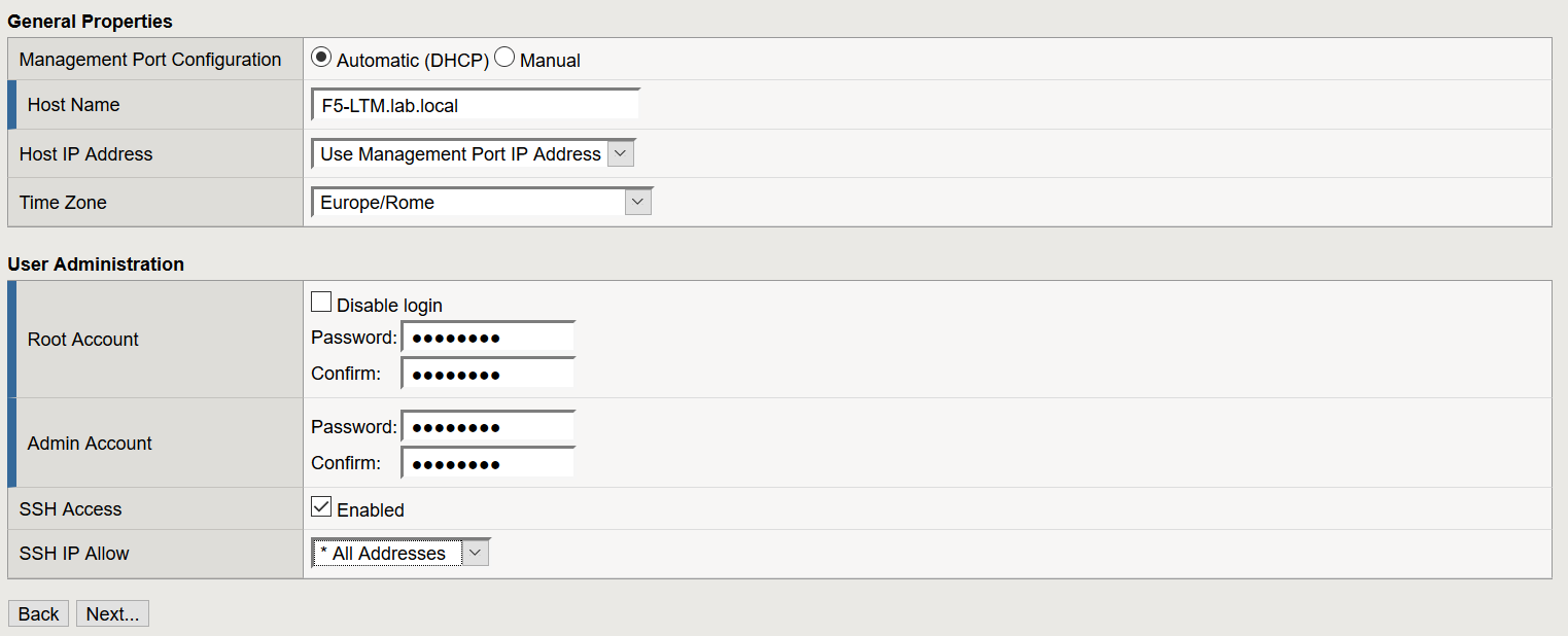 F5 LTM Platform settings for configuring hostname and changing password of default users.