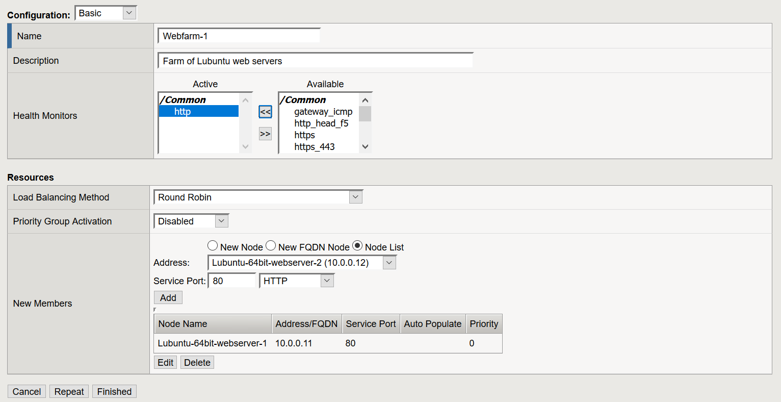 After configuring the F5 node, we need to configure the F5 pool to allow load-balancing.