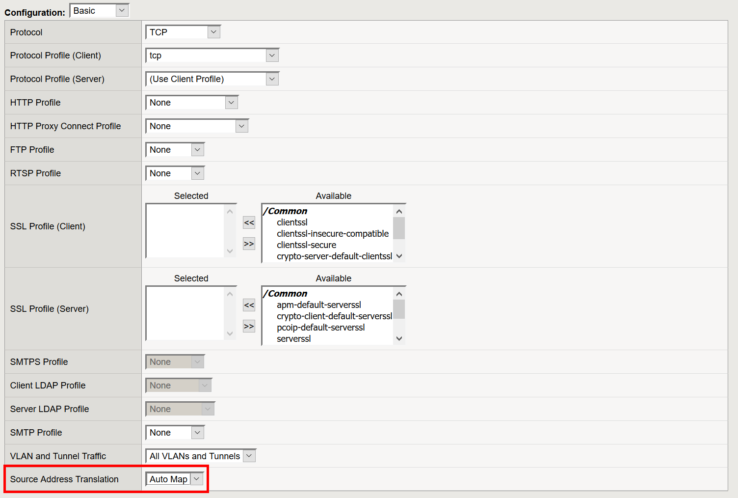 F5 Virtual Server Basic Configuration will require Source Address Translation to be Auto-map almost in any case.