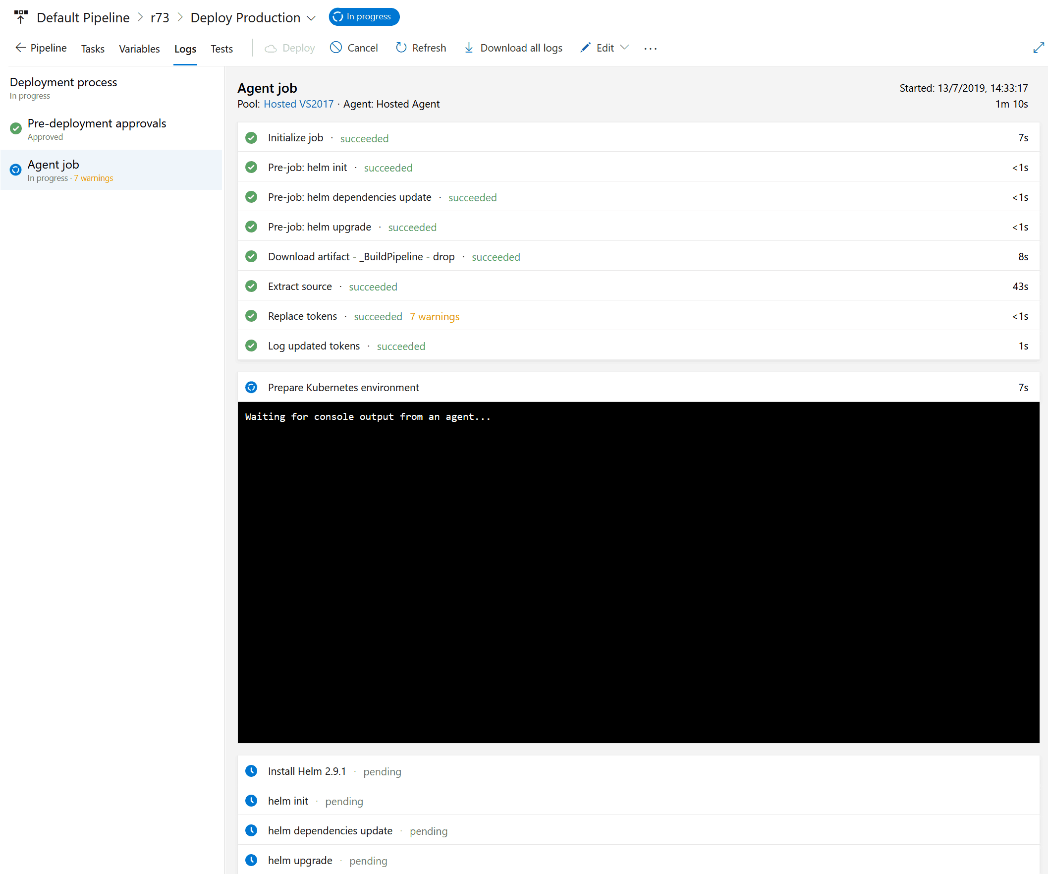 A release in progress in azure pipelines.