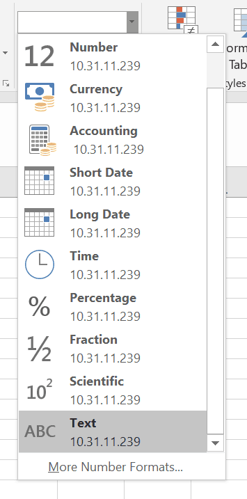 Use format as text in Excel to manage IP addresses correctly. To do that, use the home Menu in the editing section.