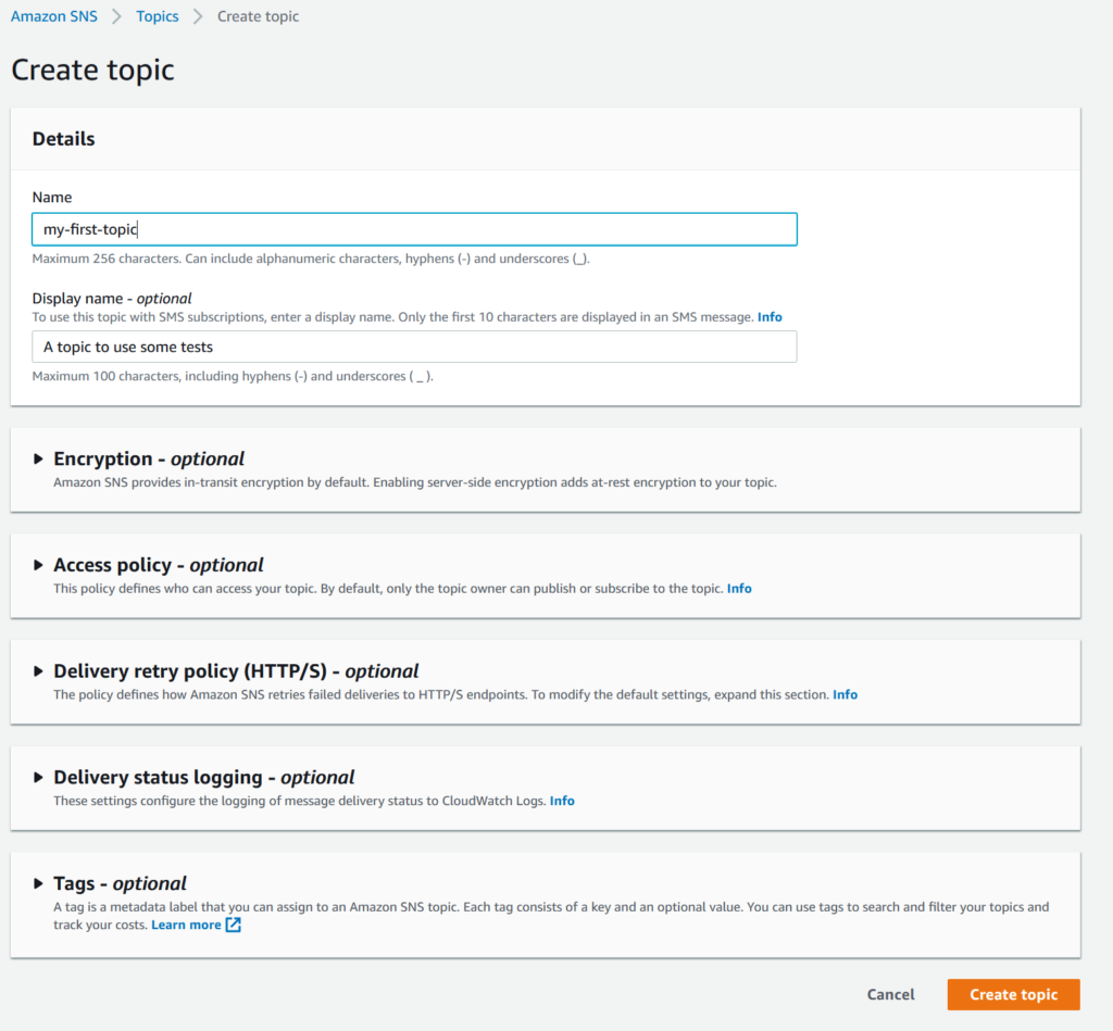 AWS SNS Tutorial and an explanation on how to create a SNS topic from the web interface