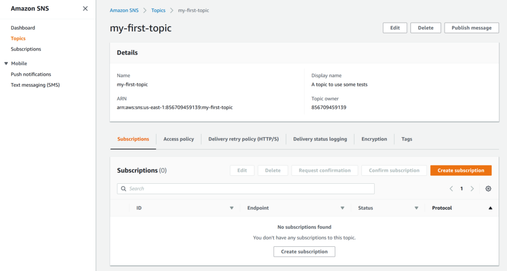 AWS SNS Dashboard with the list of subscriptions and details about this topic