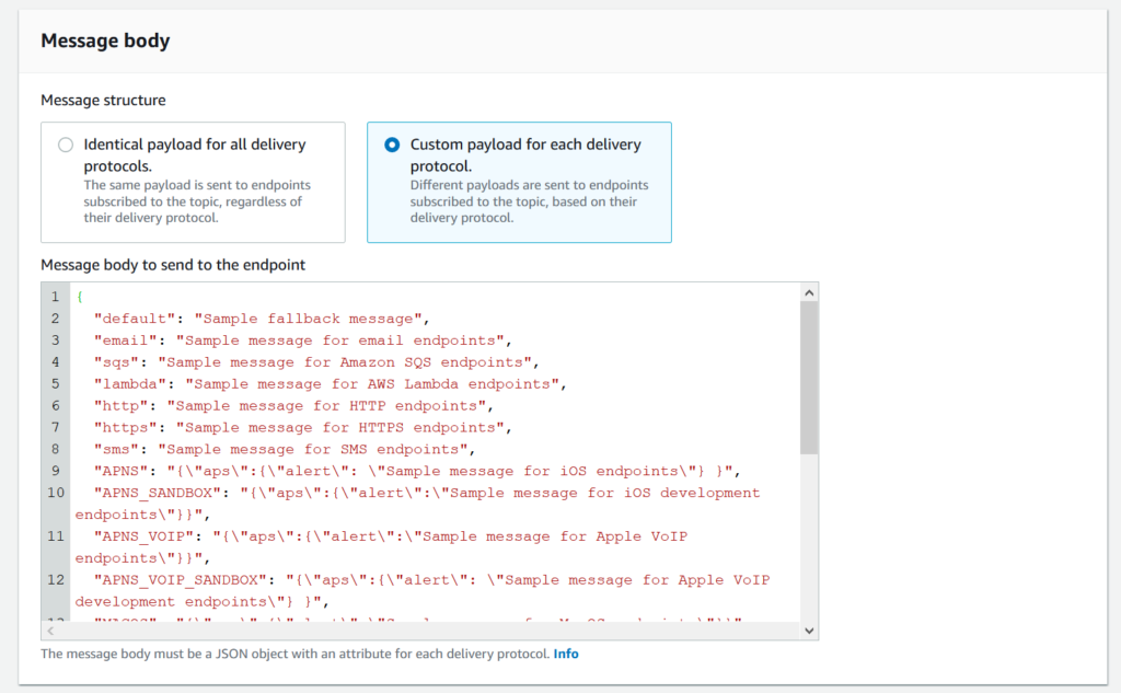 AWS SNS Tutorial on how to publish a message to a SNS topic using diversified messages