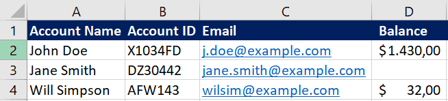 How to join tables in excel by starting from a partially filled file like this one (the balance column has some empty spaces)