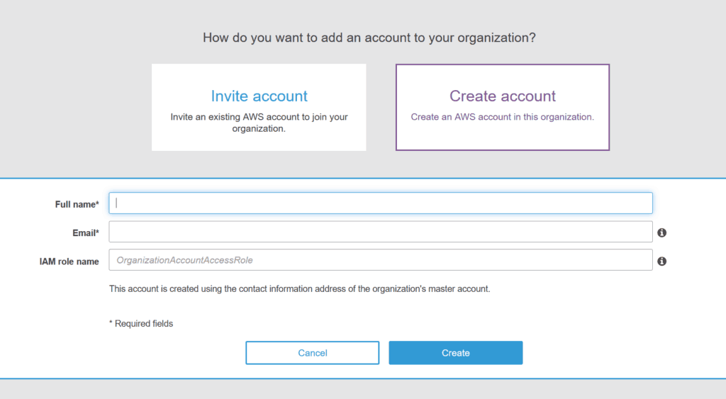 AWS Organizations create a new account