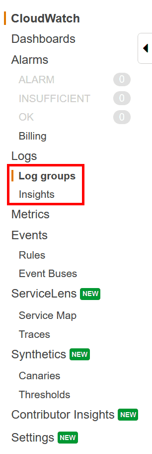 How to make an AWS CloudWatch Query? Navigate to Log Insights in the CloudWatch menu