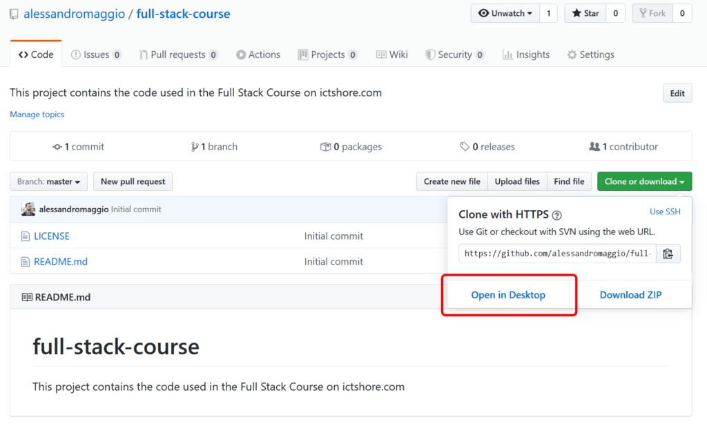 To set up a full stack project, after you create it on GitHub.com, you can copy it on your PC by clicking on Open in Desktop.