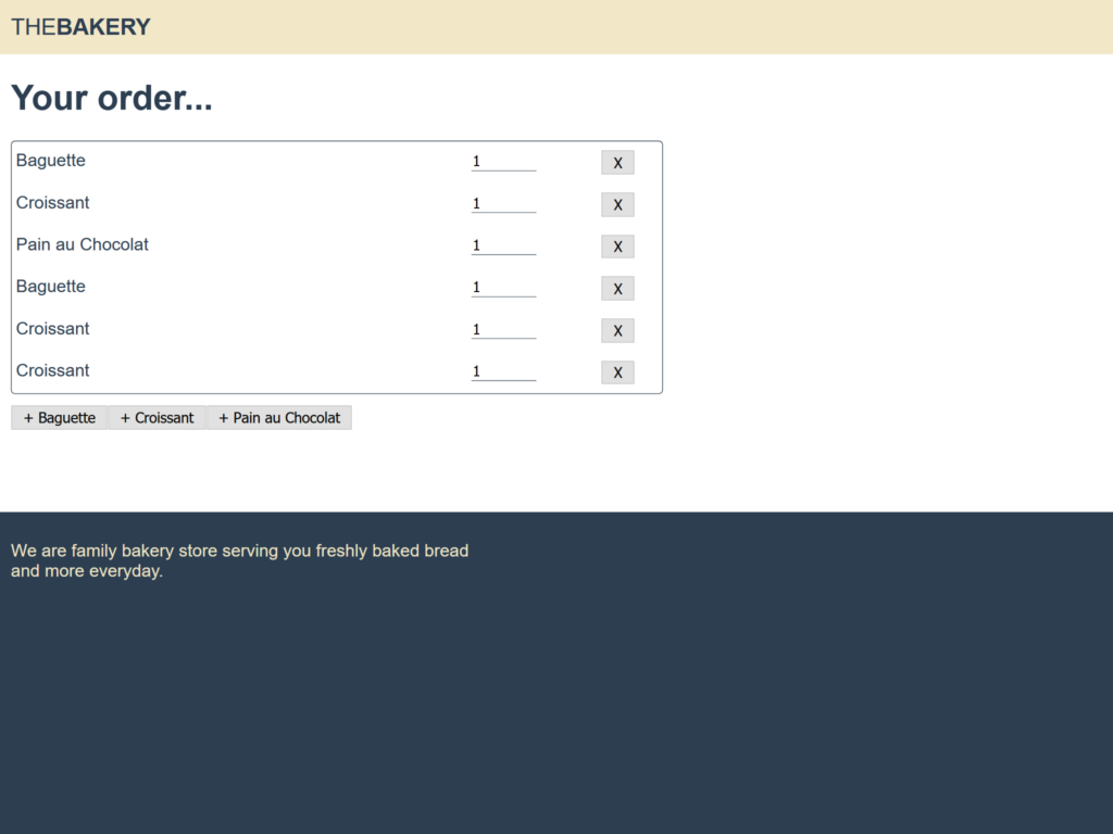 Vue Component tutorial, showing a bakery wesbite order page created as an example on how to use components. Here, you can add and remove items and tune the quanitty of each.