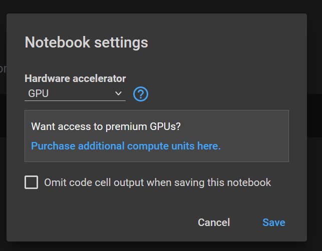 This is where you say that you want a free GPU for hardware acceleartion inside Google Colab
