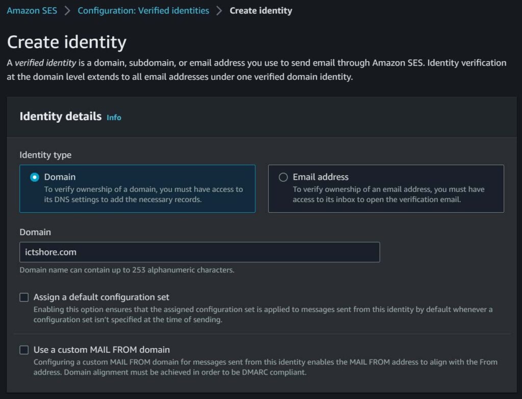 Create a verified identity inside AWS SES