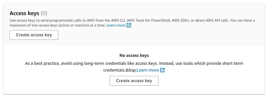 Create new access keys for the user we created
