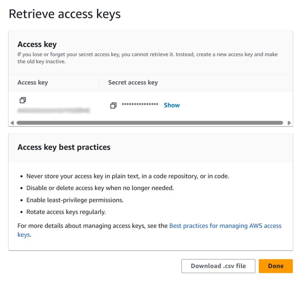 Retrieve the keys you will use for email automation from AWS IAM before closing the page