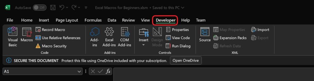 Open the developer tab to start working on your Excel Macros for beginners