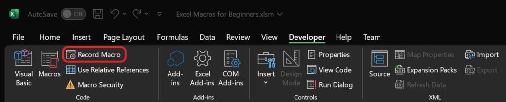 The first step in our Excel macros for beginners is to record a new macro with this button