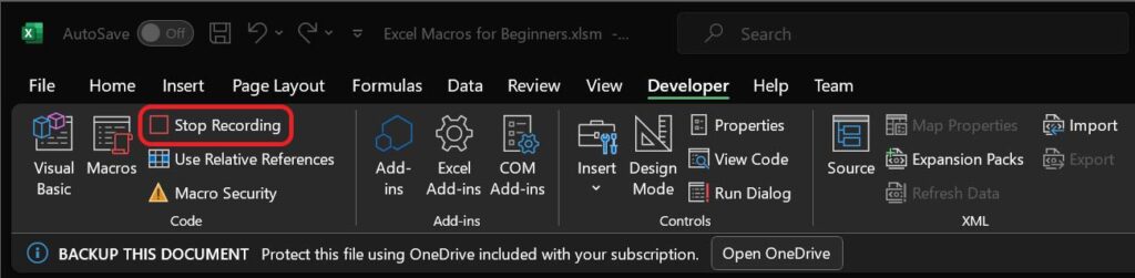 Stop recording a Macro in Excel