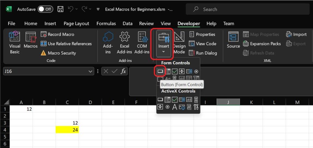 Add a button to run your Excel Macros for beginners more conveniently.