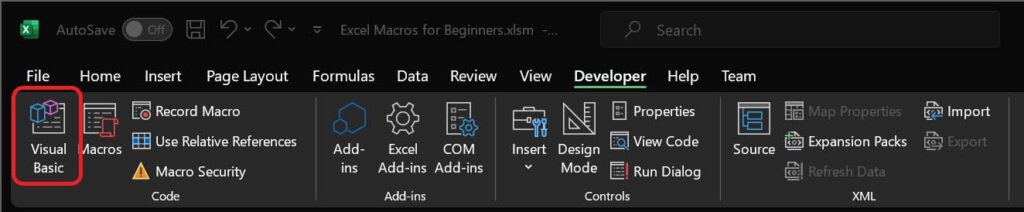 Visual Basic tab in Developer mode in Excel to write custom Macros