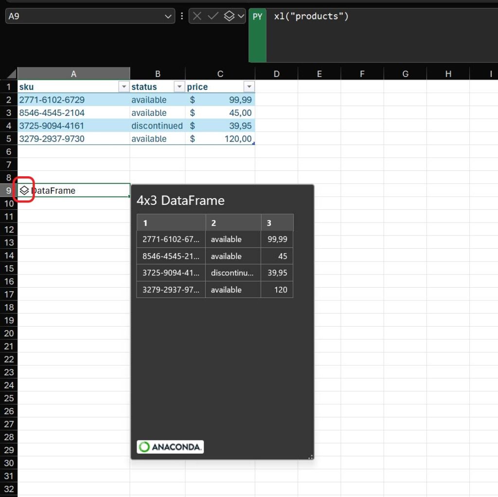 Selecting a table using xl() in Python in Excel, and returning a datafram