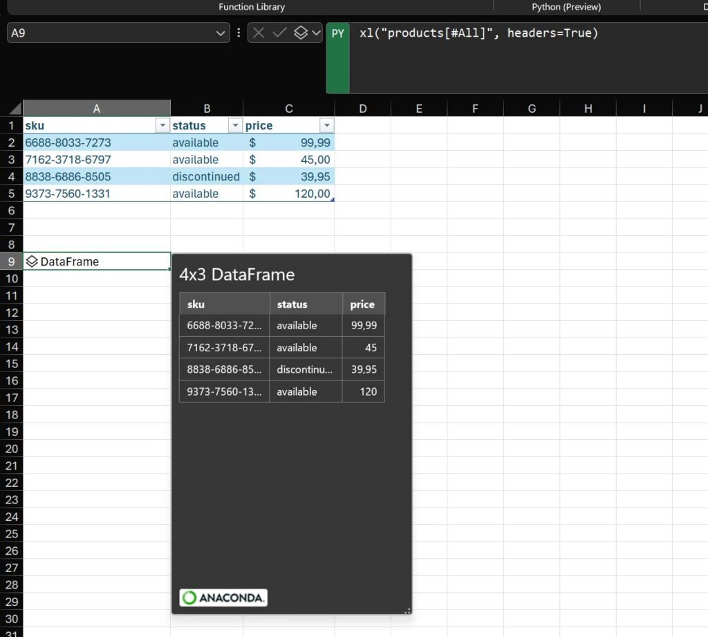 Selecting a table with Python in Excel and getting the headers