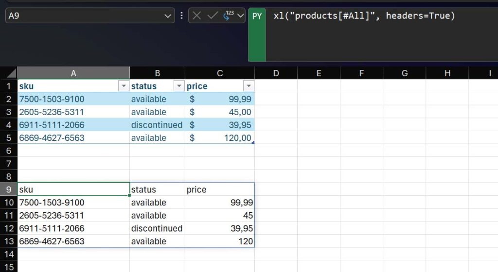 Excel value result