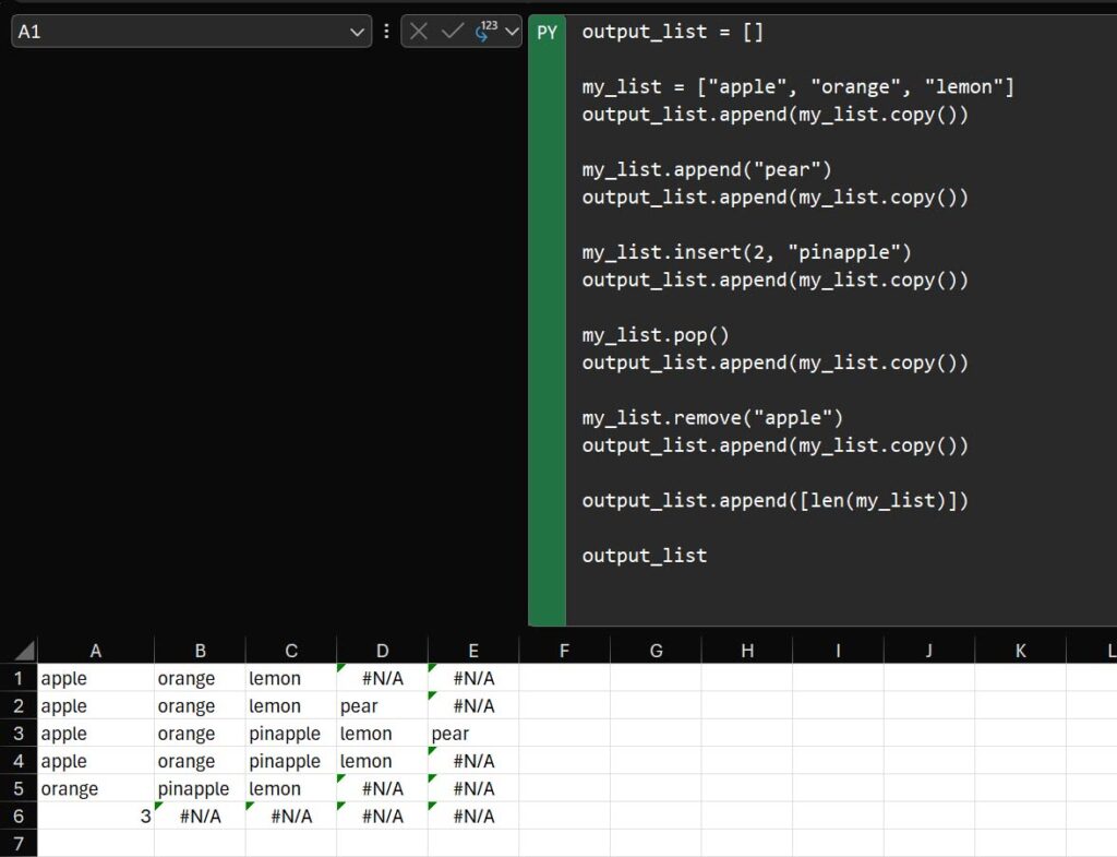 Various list operations in Python in Excel